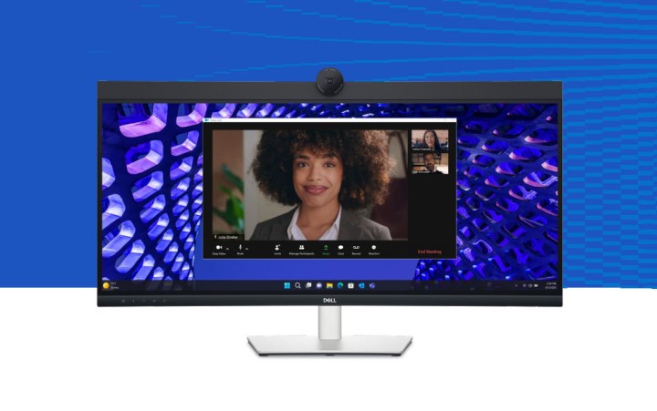 Pressebild des Dell 34 Curved Video Conferencing Monitor P3424WEB auf blauem Hintergrund.