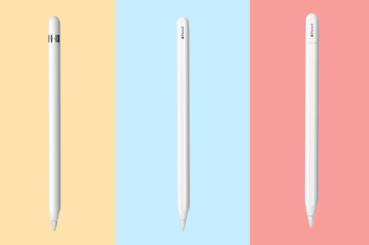 Alle drei Versionen des Apple Pencil nebeneinander aufgereiht.