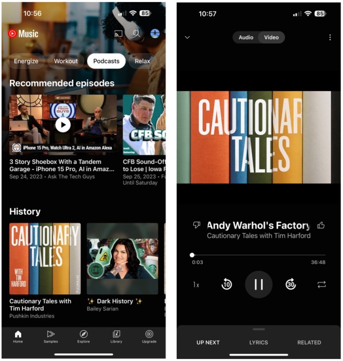 Screenshots, die Podcasts in der YouTube Music App für iOS zeigen.