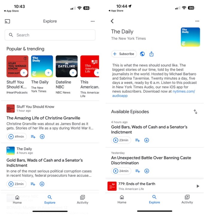 Zwei Screenshots, die die Google Podcasts-App auf iOS zeigen.