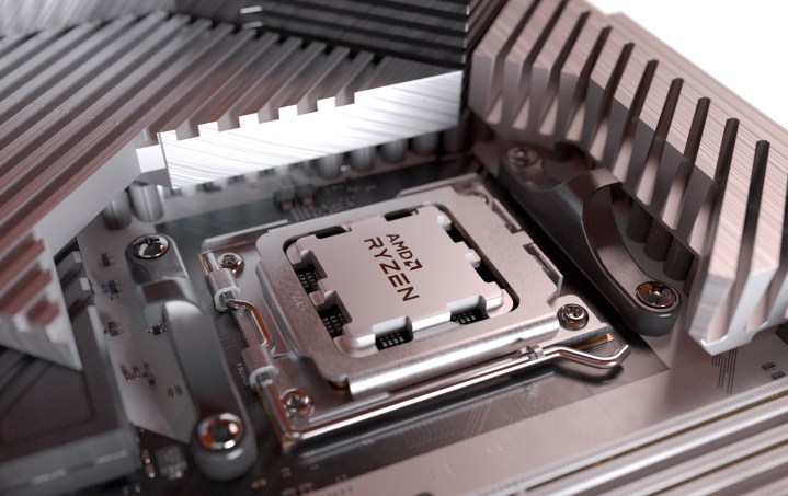 Ein AMD Ryzen 7000-Prozessor, der in ein Motherboard gesteckt ist.