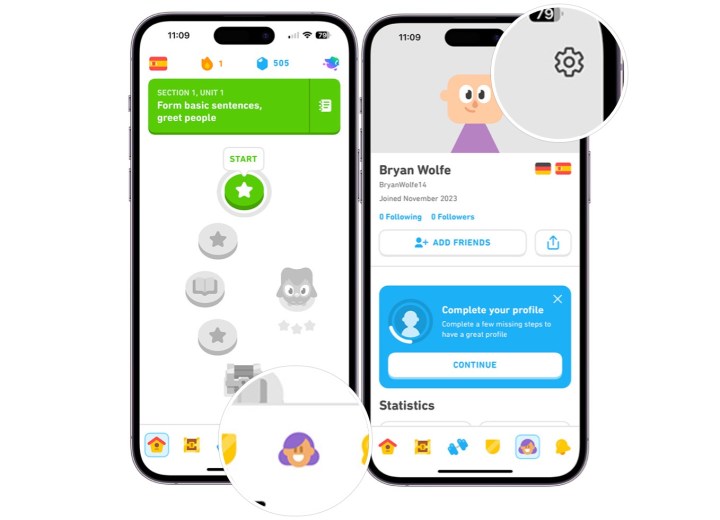 Screenshot, der zeigt, wie man in der Duolingo-App auf dem iPhone Einstellungen auswählt. 