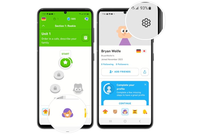 Screenshot, der zeigt, wie Einstellungen in der Duolingo-App für Android aufgerufen werden. 