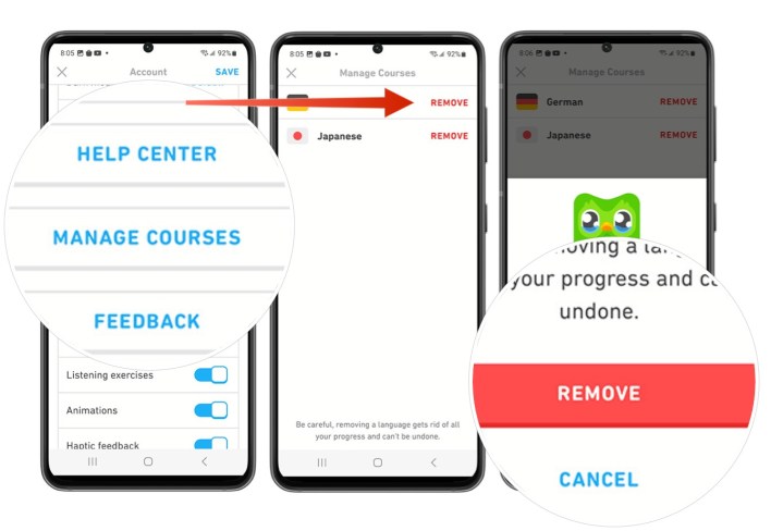 Ein Screenshot, der zeigt, wie man eine Sprache aus der Android-basierten Duolingo-App entfernt.