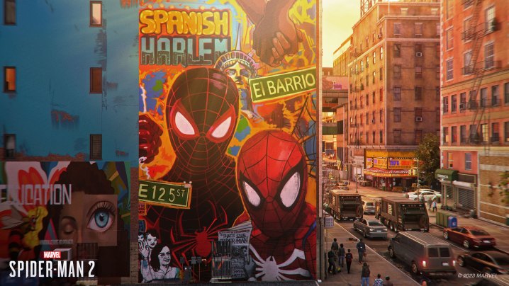 Straßenkunst der Spider-Men in Marvels Spider-Man 2.