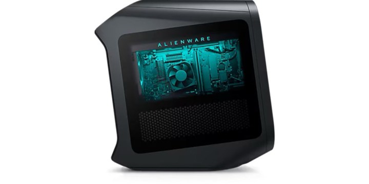 Der Alienware Aurora R15 Gaming-Desktop in Schwarz aus der Seitenansicht.