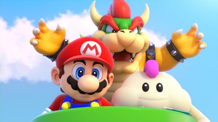 Mario, Mallow und Bowser sitzen im Super Mario RPG in einem Clownauto.