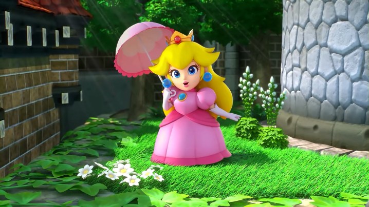 Prinzessin Peach mit Sonnenschirm im Super Mario RPG.