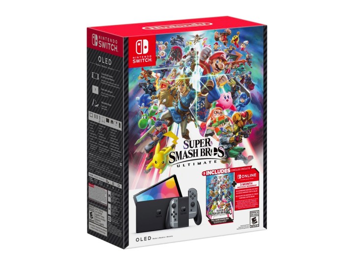 Die Super Smash Bros. Ultimate Nintendo Switch OLED Bundle-Verpackung vor einem weißen Hintergrund.