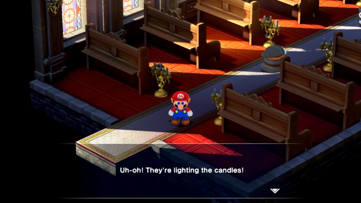 Mario in einer Kirche, die gerade eine Hochzeit feiern will.