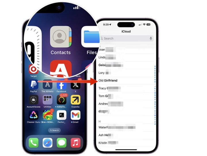 Ein Screenshot, der zeigt, wie man die Kontakte-App auf dem iPhone aufruft und einen Kontakt auswählt. 