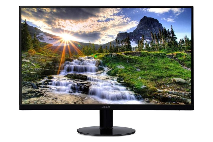 Ein eingeschalteter Acer SB220Q FHD IPS Widescreen-Monitor, der nach vorne zeigt und einen Desktop-Hintergrund einer Naturszene anzeigt.