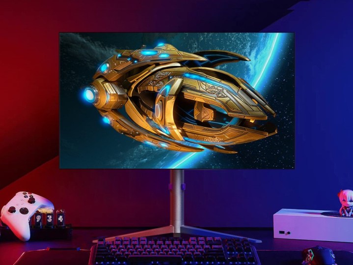 KTC G27PG OLED-Gaming-Monitor auf Schreibtisch mit Neonhintergrund