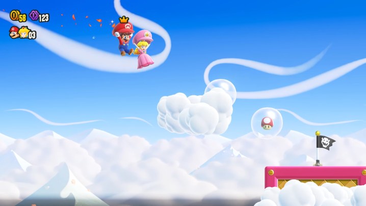 Mario und Peach schweben mit ihren Hüten.