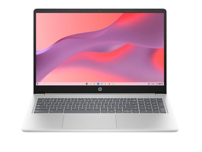Das HP 15,6-Zoll-Chromebook mit einem farbenfrohen Desktop-Hintergrund.
