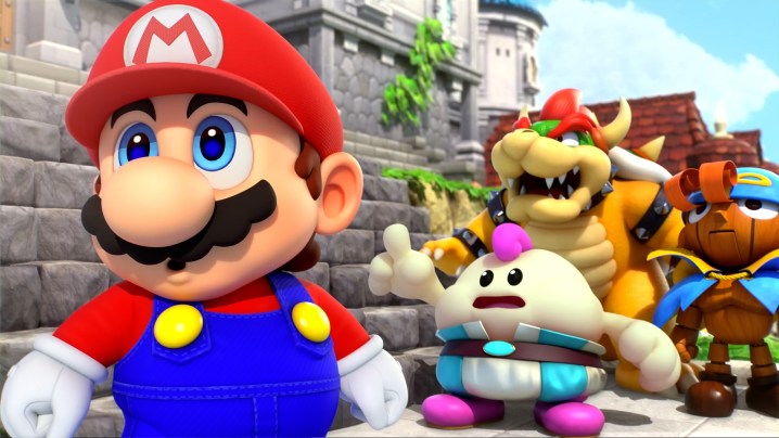 Mario, Mallow, Bowser und Geno starren im Super Mario-Rollenspiel aus dem Off.