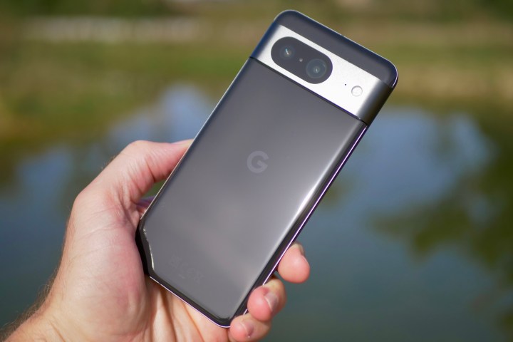 Eine Person hält das Google Pixel 8 und zeigt die Rückseite des Telefons.