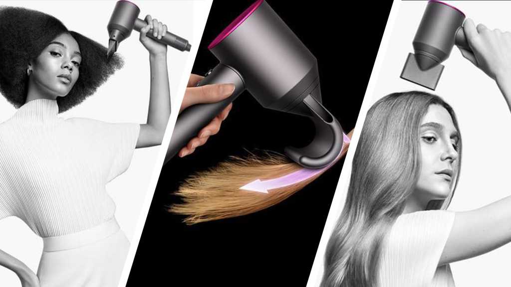 Three images of the Supersonic hair dryer in use