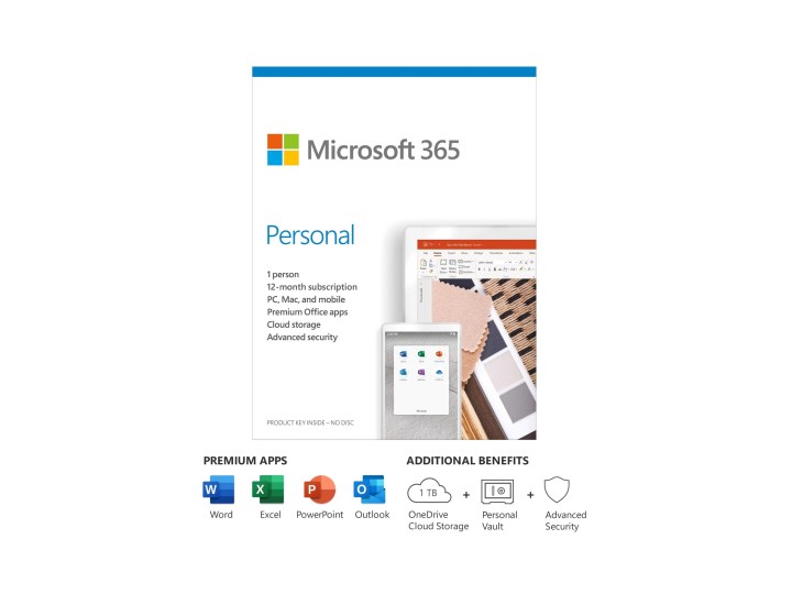Produktbild von Microsoft 365 Personal 1 Jahr mit Aufschlüsselung der enthaltenen Leistungen.