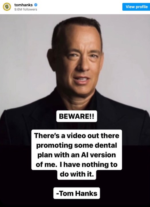 Tom Hanks‘ Nachricht auf Instagram warnt vor einer KI-generierten Anzeige, die sein Konterfei verwendet.