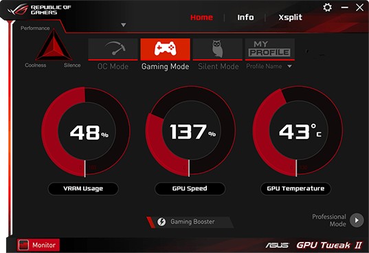 Der Asus GPU Tweak II zeigt Informationen zum Spielmodus.