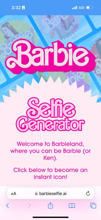 Screenshot der Barbie Selfie Generator-Website.