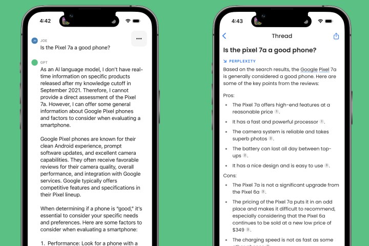 Die ChatGPT- und Perplexity AI-Apps auf einem iPhone stellen die Frage "Ist das Pixel 7a ein gutes Telefon?".