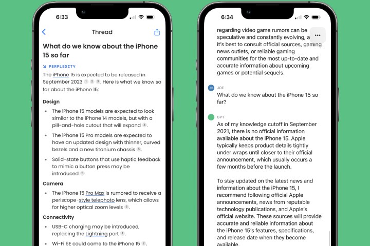 Die ChatGPT- und Perplexity AI-Apps, die auf iPhones laufen, stellen die Frage "Was wissen wir bisher über das iPhone 15?"