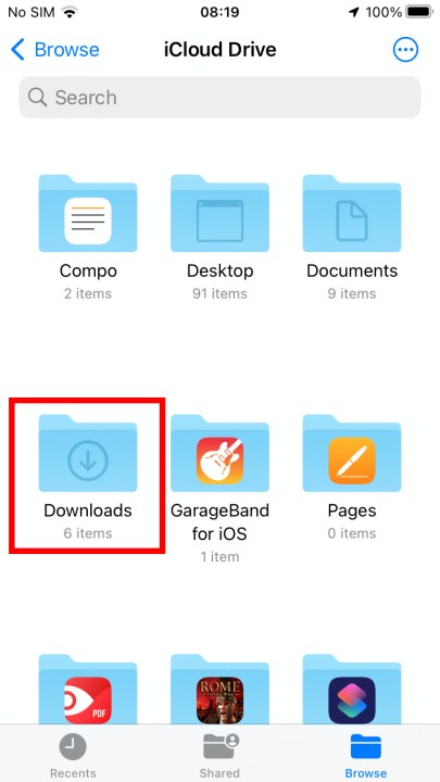 Der Ordner „Downloads“ unter „Dateien“ wird durch ein rotes Kästchen hervorgehoben.