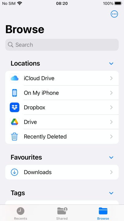 Der Durchsuchen-Bildschirm in der iPhone-Dateien-App.