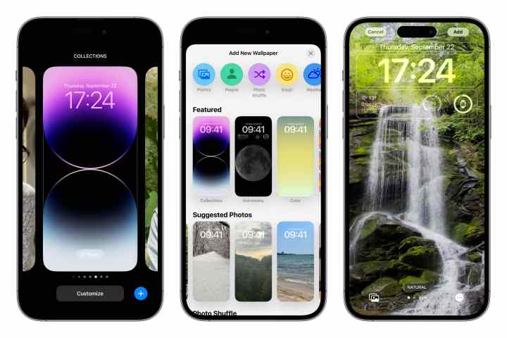 Drei iPhones zeigen Schritte zum Anpassen des Startbildschirmhintergrunds über den Sperrbildschirm.