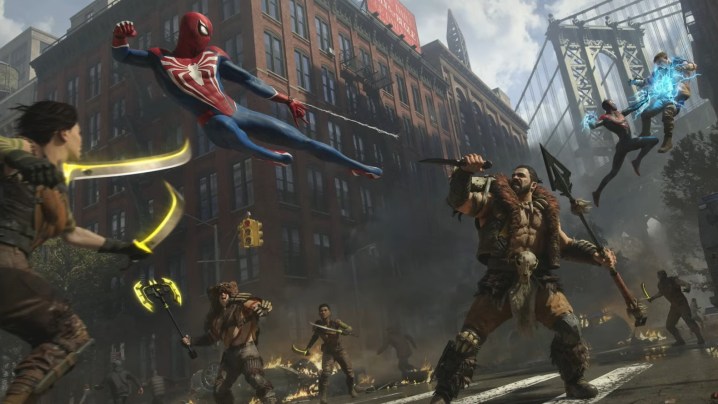 Spider-Man Peter Parker und Miles Morales kämpfen gegen Kraven und Handlanger