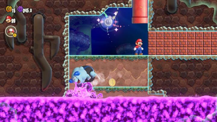 Mario steht in Super Mario Bros. Wonder in der Nähe eines Wundersamens.