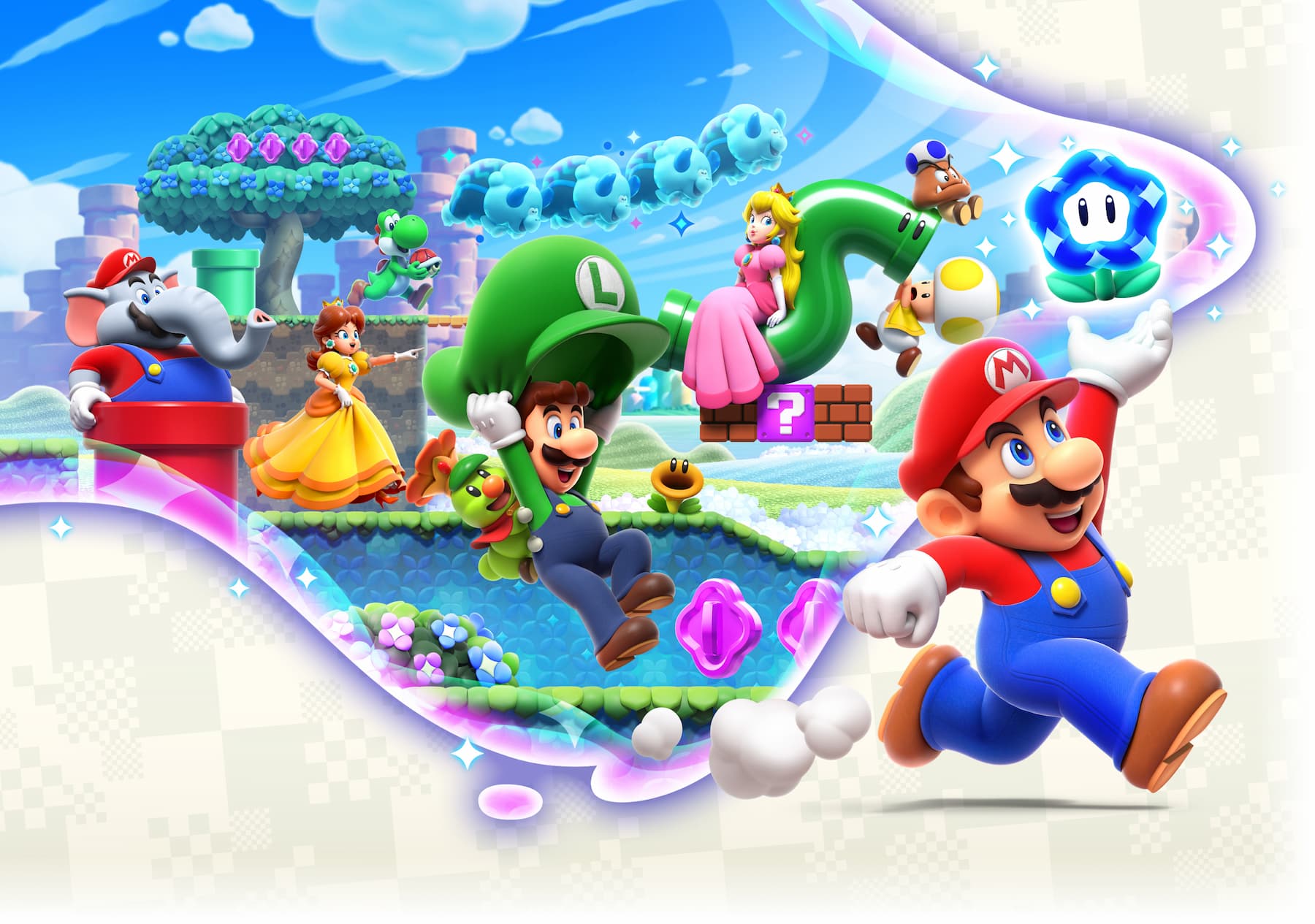 Mario, Luigi, Peach und Yoshi in Super Mario Bros.: Wonder Key Art.