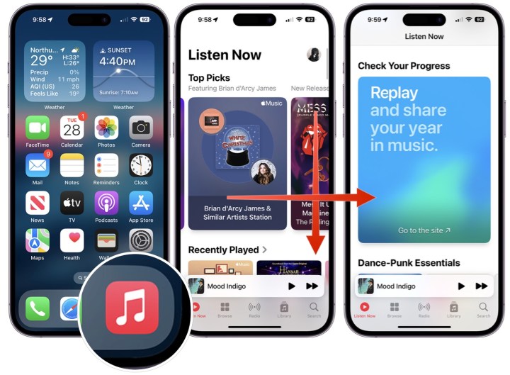 Screenshot mit den Schritten zum Öffnen von Apple Music Replay 2023 auf Ihrem Mobilgerät. 