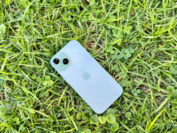 Ein grünes iPhone 15 im Gras.