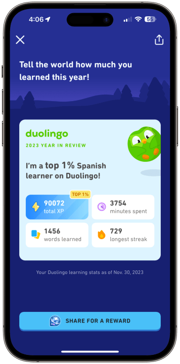 Ein Screenshot des Duolingo-Jahresrückblicks 2023, der auf einem iPhone läuft.