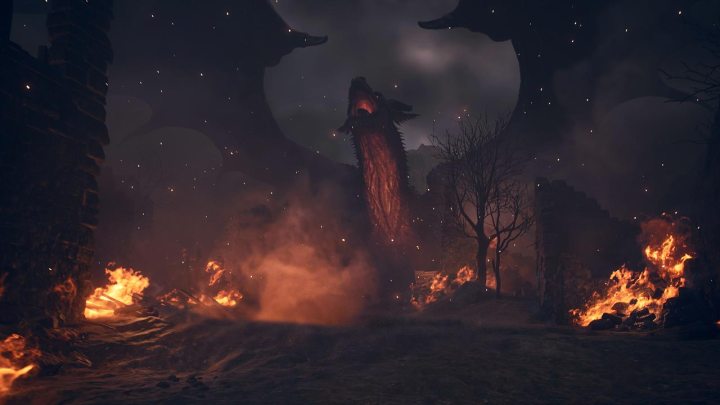Ein Drache landet in einer feurigen Landschaft im Schlüsselbild von Dragon's Dogma 2.