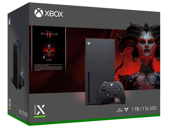 Die Box des Microsoft Xbox Series X 1 TB Diablo IV-Bundles.