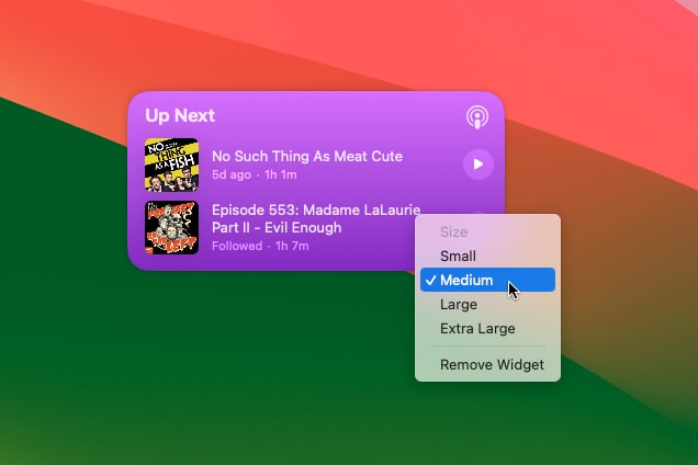 Das Rechtsklick-Menü auf einem Desktop-Widget in macOS Sonoma, mit dem ein Benutzer die Einstellungen des Widgets bearbeiten kann.