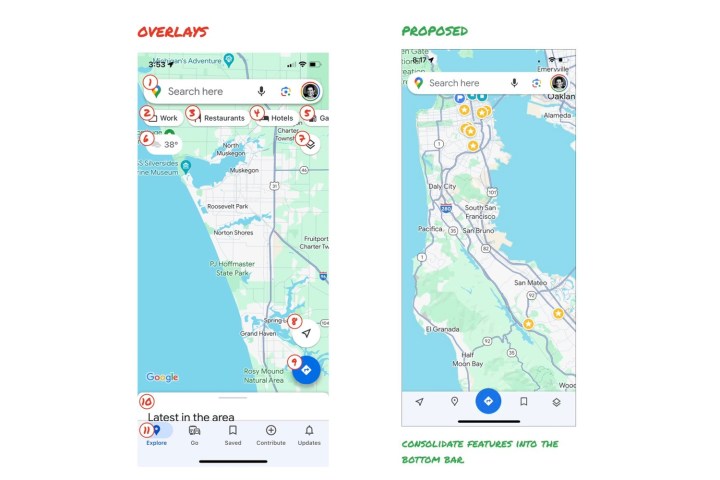 Vergleich der bestehenden Neugestaltung von Google Maps und des vorgeschlagenen neuen Designs.