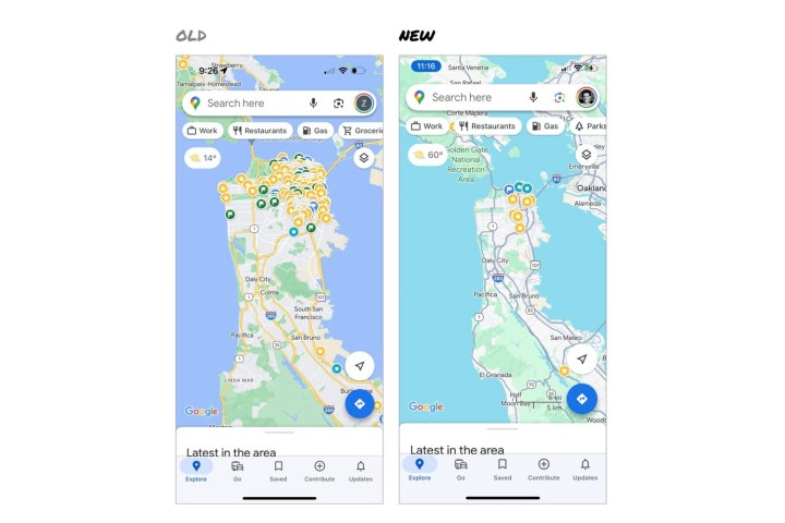 Vergleich der alten und neuen Farbschemata von Google Maps im Jahr 2023.