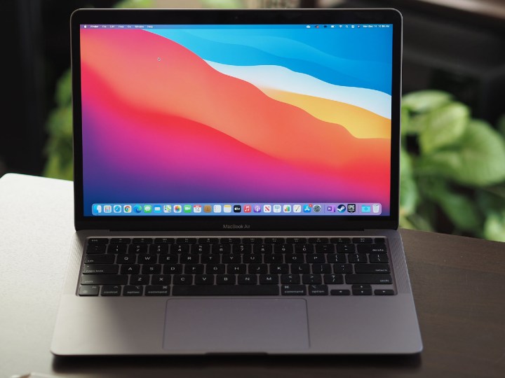Apple M1 MacBook Air geöffnet auf einem Schreibtisch mit Pflanzen im Hintergrund.