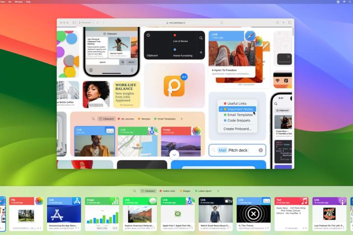 Die Paste-Mac-App mit geöffneter Zwischenablageleiste und der Paste-Startseite in Safari.