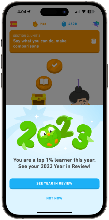Ein Screenshot des Duolingo-Jahresrückblicks 2023, der auf einem iPhone läuft.