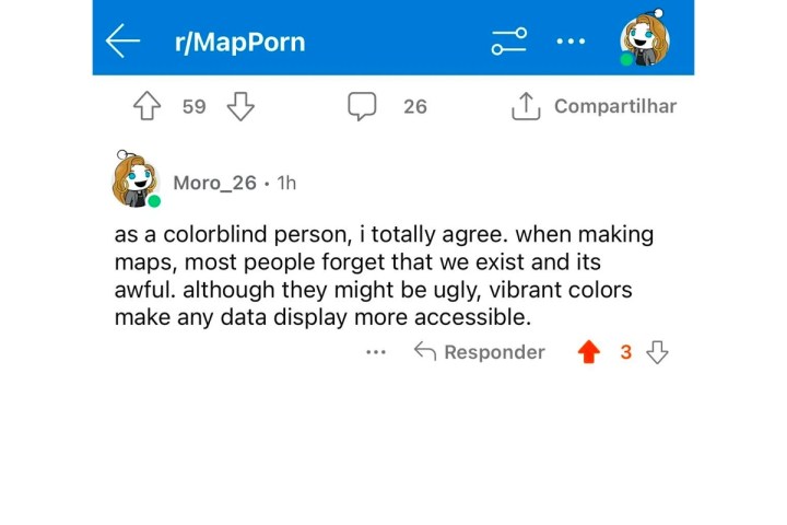 Reddit-Beitrag eines Nutzers, der die Neugestaltung von Google Maps und farbenblinde Nutzer kommentiert.