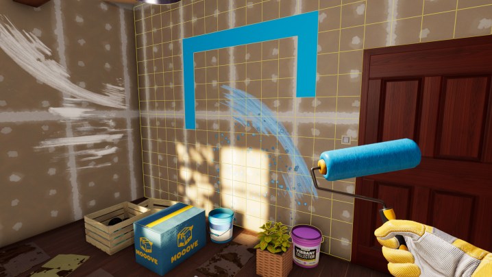 Ein Spieler streicht in House Flipper 2 eine Wand blau.