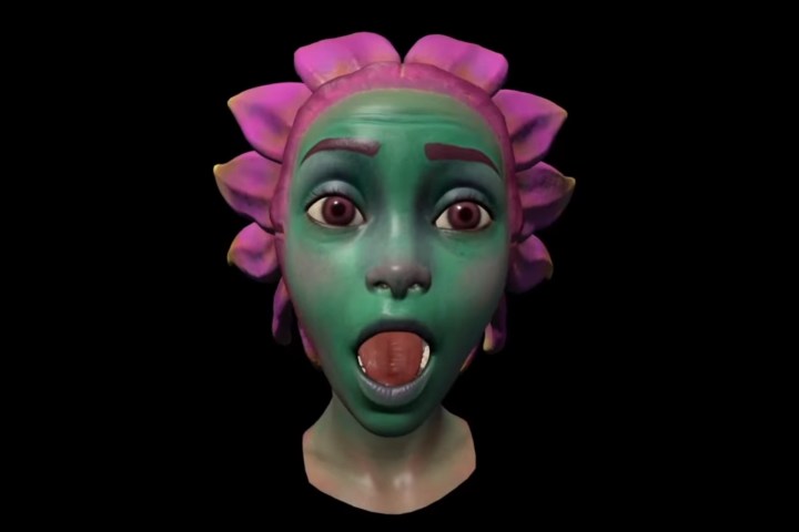 Die Face-Tracking-Demo von Meta Quest Pro zeigt eine grünhäutige Blumenperson mit überraschtem Gesichtsausdruck.