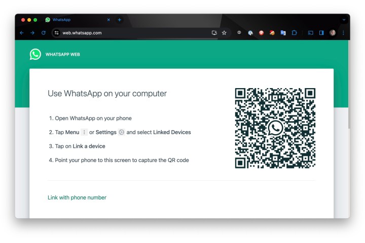 WhatsApp Web-Anmeldebildschirm in Chrome.