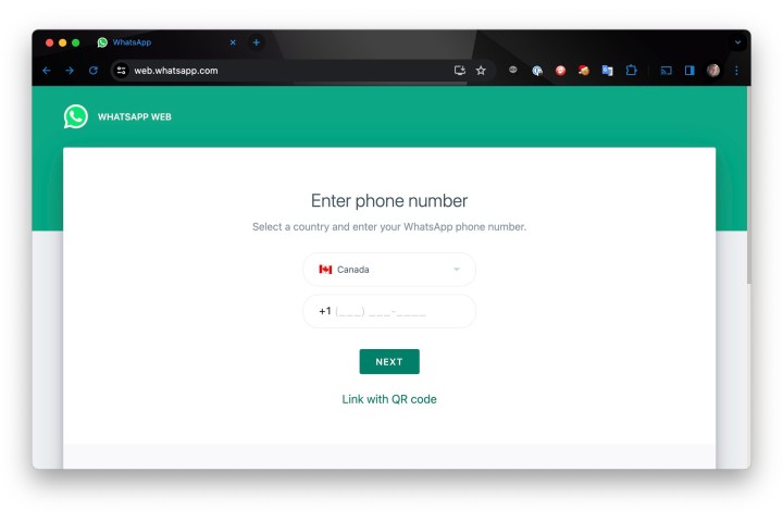 WhatsApp Web-Verknüpfung mit einer Telefonnummer in Chrome.